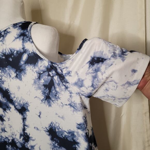 Women's 3XL Blue and White Off-the-Shoulder Short Sleeve Shirt - Picture 10 of 11